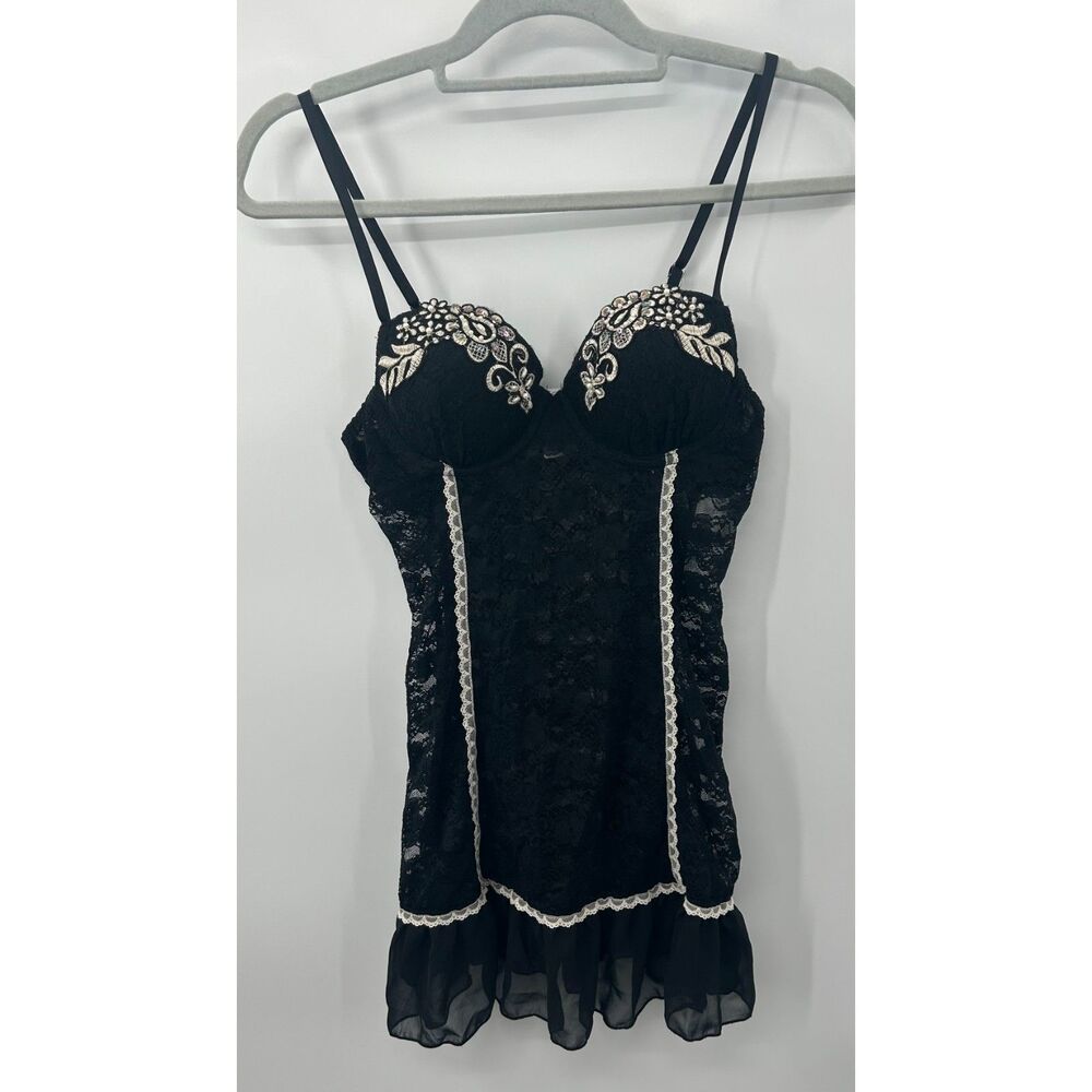 Vintage Y2K Sheer Lace Babydoll Top Small Coquette Embroidered Ruffles